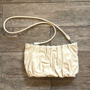 STAUD Bean Ruched Ivory Leather Detachable Crossbody Shoulder Bag Purse Clutch